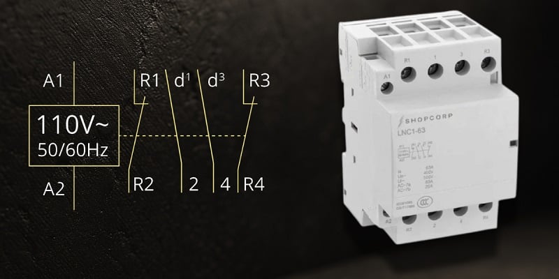 Figure 1. DIN‑rail 4‑pole (2NO/2NC) contactor device and schematic.