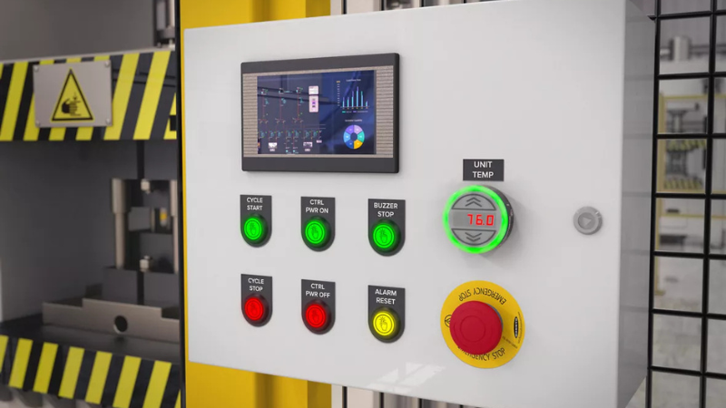 An industrial control panel featuring illuminated indicators and operator controls communicates machine status and guides operator actions