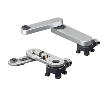 The original OVR SCARA robot (bottom left) next to the new and improved full 360° SCARA