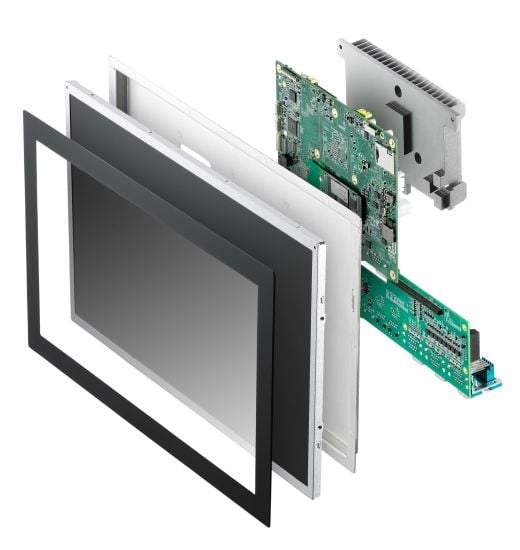 An exploded view of Adlink’s new SP2-MTL open-frame panel PC built for edge AI applications