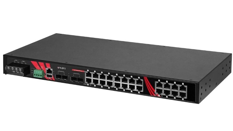 The Antaira LMP-2804G-4XS-24T includes 24 Gigabit Ethernet ports and four SFP+ slots