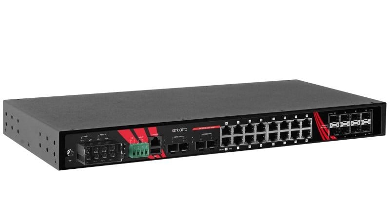 The Antaira LMP-2812G-4X8S-24T includes 16 Gigabit Ethernet ports, four SFP+ slots, and eight standard SFP ports