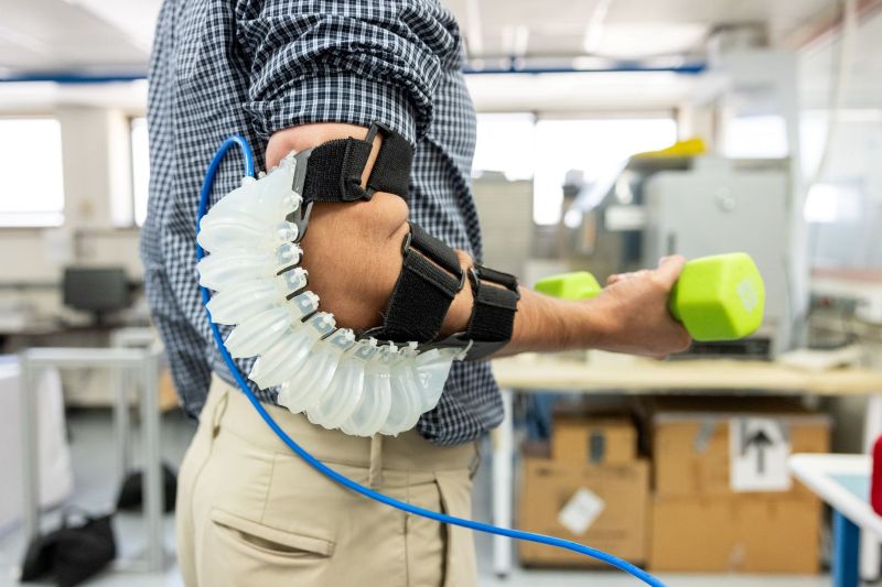 PASE testing in a laboratory. Three straps provide stability while a person lifts a dumbbell