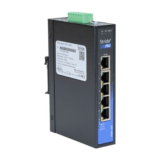 The SEP1-SW5U Stride Pro industrial Unmanaged+ Ethernet switch features five ports