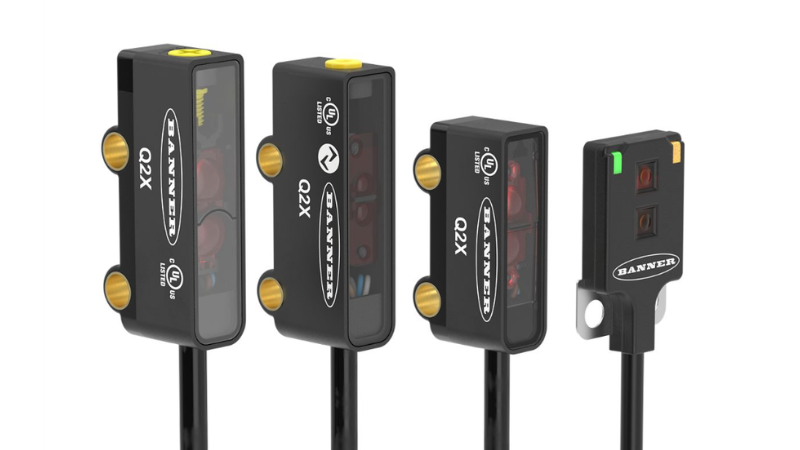 The Q2F (far right) is the newest addition in Banner’s Q2 miniature photoelectric sensor lineup