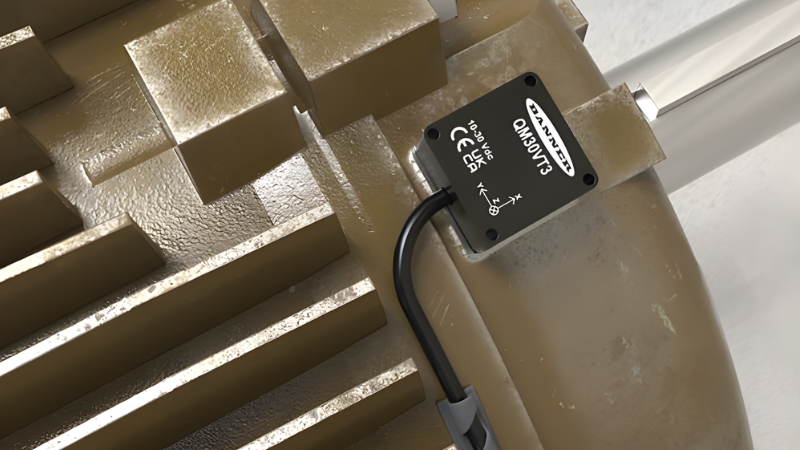 Banner’s QM30VT3 sensor mounted directly to a motor housing for continuous vibration monitoring