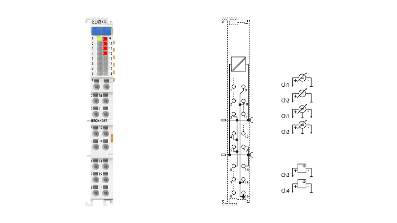 Beckhoff's combined I/O terminal, the EL4374, features two analog inputs and two analog outputs, each individually parameterizable