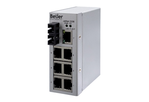 Beijer Electronics’ JetNet 2208-T7-SC1-SM unmanaged fast Ethernet fiber switch (single-mode).
