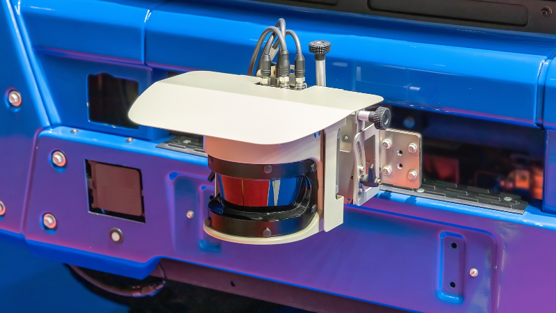 Safety laser scanners mounted on mobile equipment help AGVs, AMRs, and automated forklifts detect surrounding areas for safer navigation in industrial environments