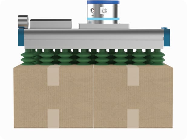 Robots can pick up two boxes simultaneously with the One-Stop Palletizing Solution's dual suction mode.