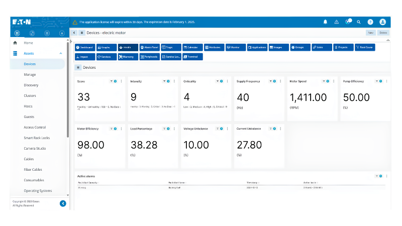 The motor analytics software relies on real-time data, including motor speed, efficiency, voltage, and load percentage