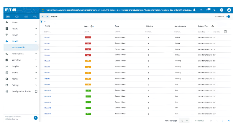 The motor analytics software uses predicted failure modes to make maintenance recommendations based on the system's condition