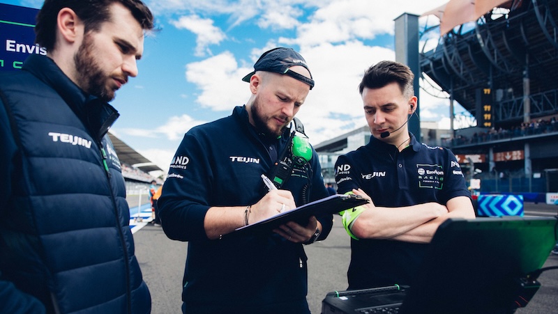 Andrew Holmes, right, is a Systems and Controls Engineer for Formula-E
Envision Racing
