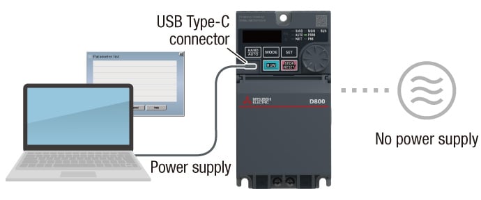 The FR-D800 can be powered through a laptop and USB-C connection without main power connections