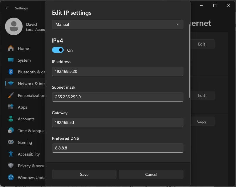 Figure 2. Editing the PC’s IP address in Windows 11.