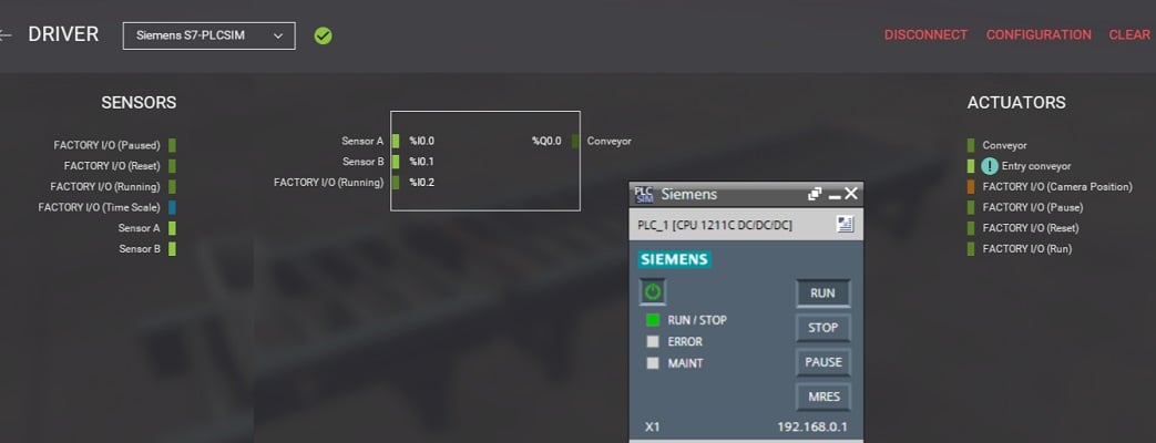Figure 3. Successful connection of Factory I/O setup and S7-PLCSIM indicated by the green icon.