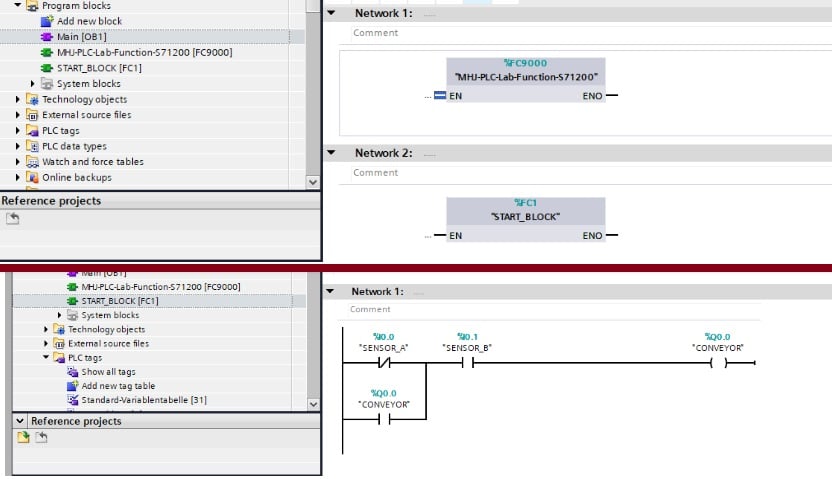 Figure 5. Main OB1 in the top image shows the default communication block and the START_BLOCK function. The START_BLOCK function block (bottom) shows the implemented ladder for the scene.
