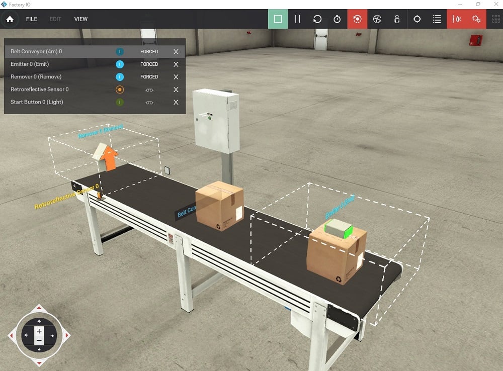 Figure 1. Conveyor system with sensor, emitter, and remover components in a virtual 3D factory environment.