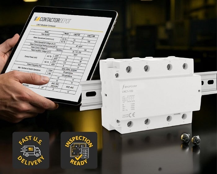  Figure 2. Example of a four‑pole NC contactor with its specification sheet, including current ratings, utilization categories, and applicable IEC/CE standards.