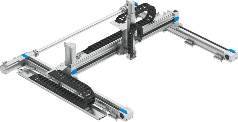 The FPaKit relies on Festo’s gantry robots to move pallets across the x, y, and z axes