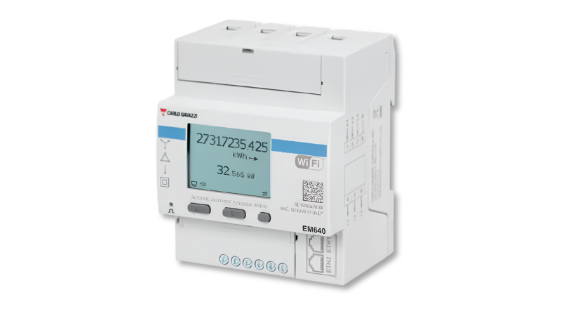 The EM640 energy analyzer features built-in Wi-Fi connectivity for
direct configuration and monitoring.