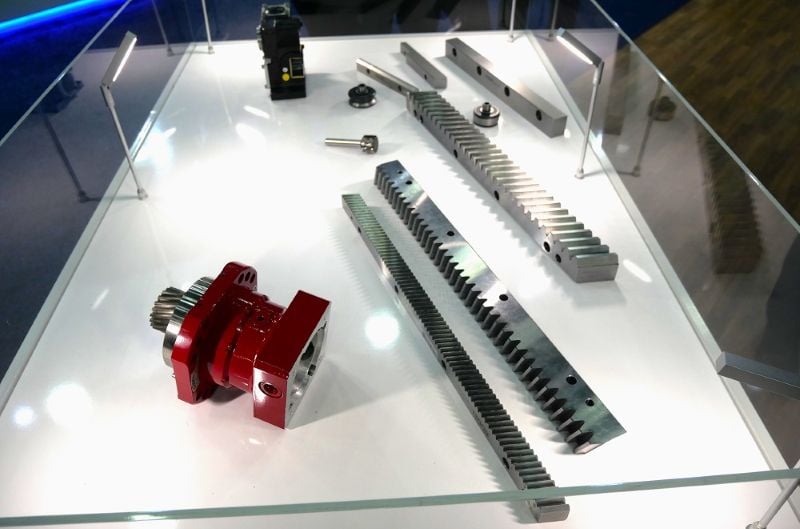 A selection of rack, pinion, and drive gears, as well as sliding motion components from Güdel