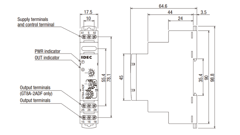 Dimensional drawing of the GT8A timer