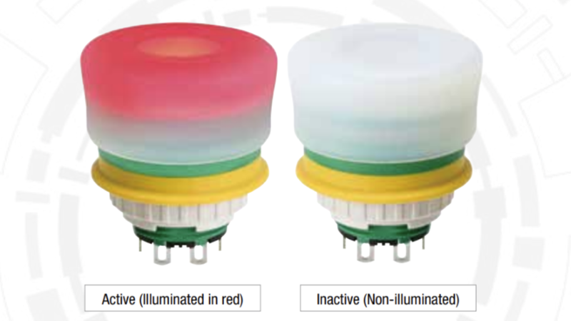 IDEC’s illuminated e-stop buttons shown in the active (left) and inactive state