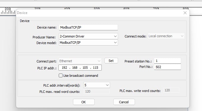  Figure 4. Device setup window for Modbus TCP, in which the HMI’s IP is assigned to 192.168.105.115.