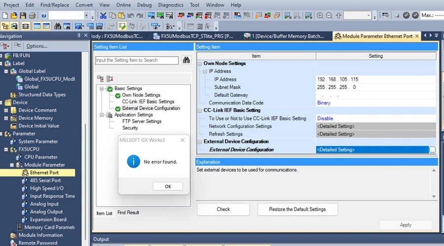  Figure 5. Image of GX Works 3 Module parameter setting for the PLC Ethernet port.