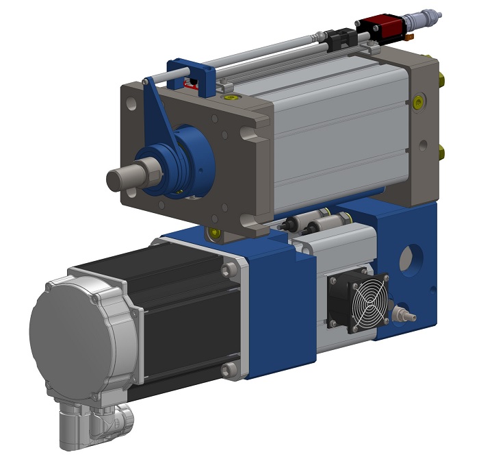  Figure 2. A hybrid linear actuator with the servo-driven pump (at the bottom) and the linear motion component (top).