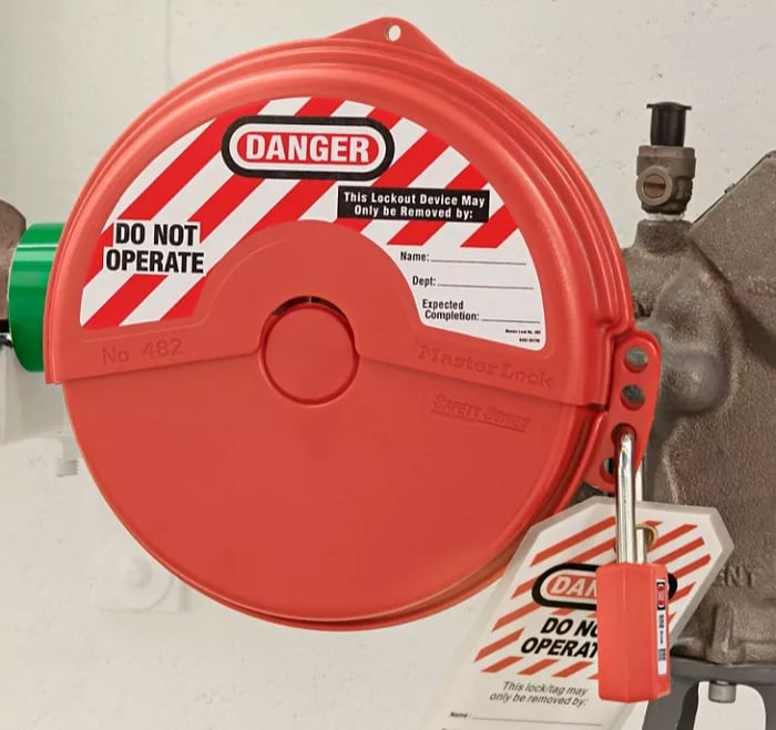  Figure 1. This valve handle cover is locked out and tagged out (LOTO) to prevent it from being opened during maintenance.