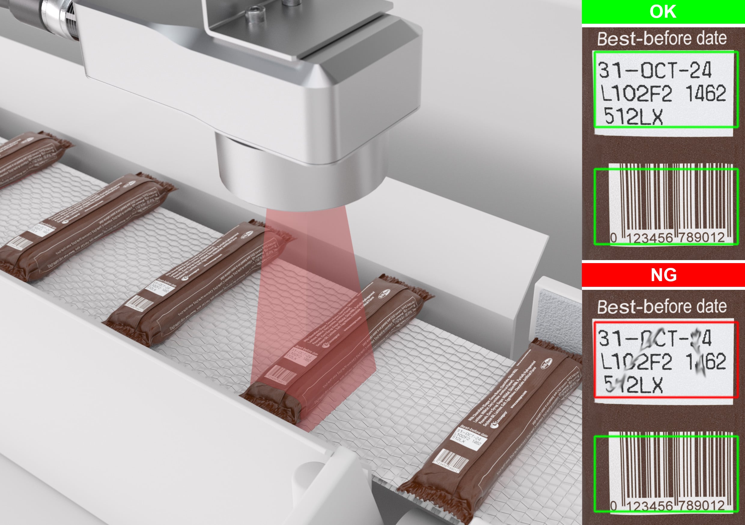 The DCR 1048i OCV not only scans barcodes but also inspects printed package information, such as best-before dates.