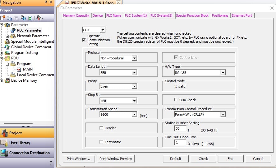 Figure 4. GX Works 2 parameter communication configuration window, an alternative to ladder-based configuration.
