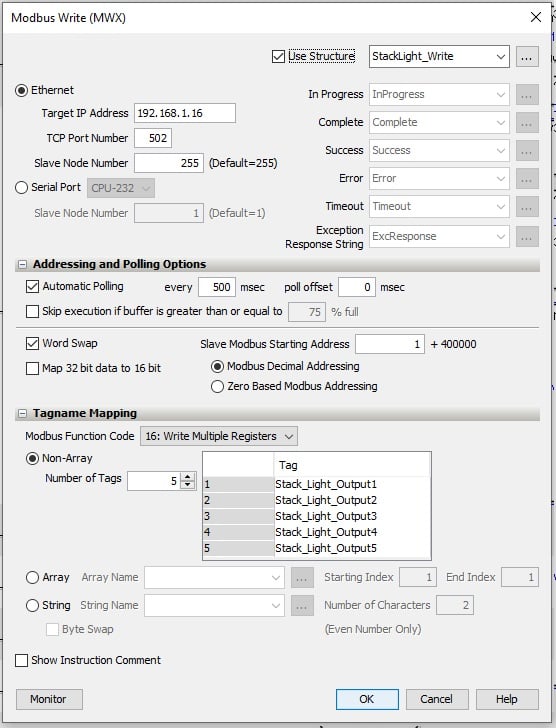 Figure 6. Modbus write parameters.