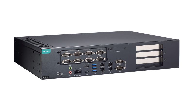 The RKP-C220 IPC is available with eight LAN ports, 10 serial ports, and two CAN ports