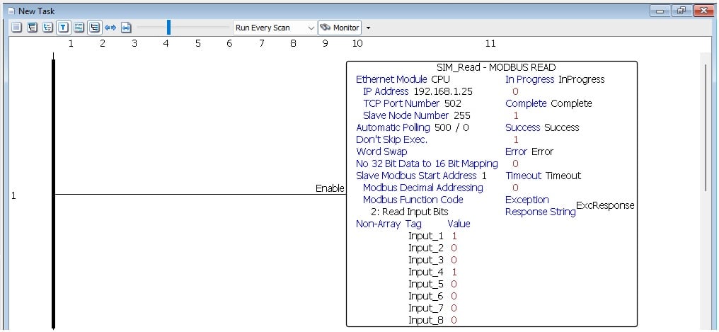  Figure 5. Monitoring the results of a Modbus Read instruction.