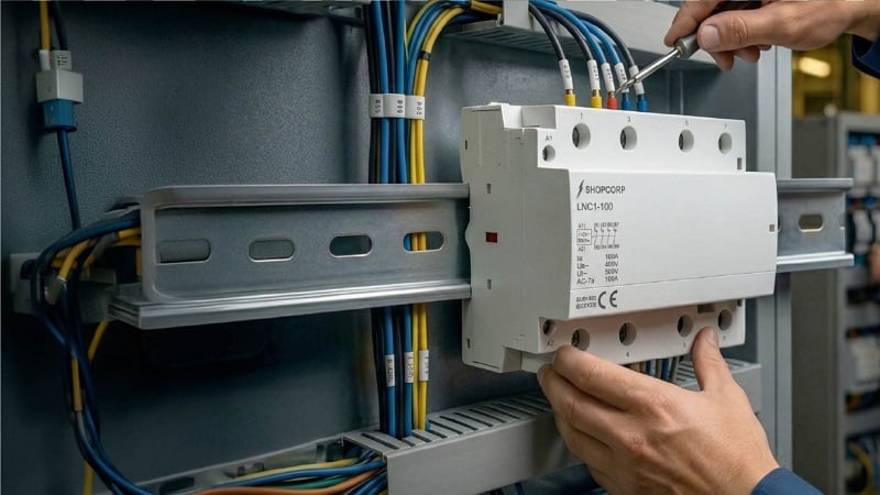  Figure 1. NC contactor assembly mounted on a DIN rail inside a motor‑control panel, used as part of an isolation or fail‑safe stage.