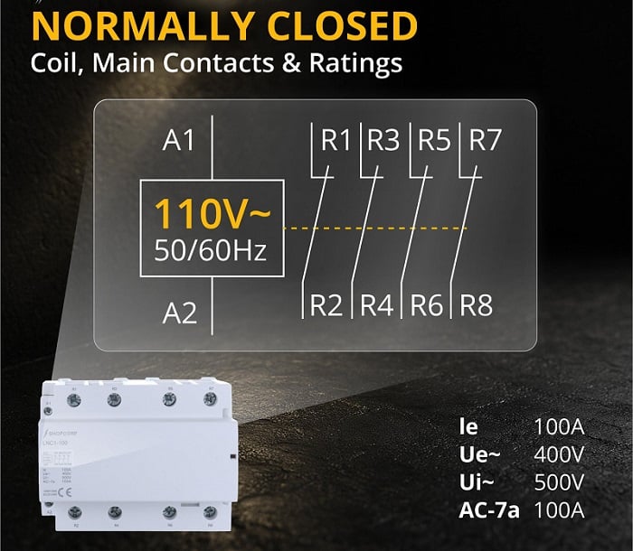  Figure 2. Simplified diagram of an NC contactor showing the coil terminals and four normally closed main poles (R1–R2, R3–R4, R5–R6, R7–R8) used for isolation or fail‑safe behavior.