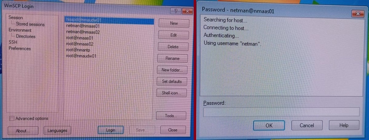 Figure 6. WincSCP file transfer Windows-based application, connecting to a remote server, asking for username/password.