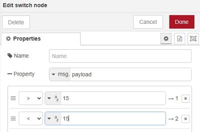 Figure 6. Switch node properties to output a payload if the temperature is greater than or less than a value.