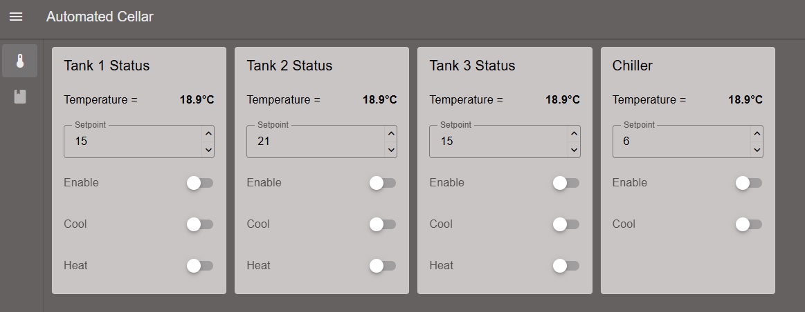 Figure 5. A Node-RED dashboard for an automated cellar with heating, cooling, and setpoints.