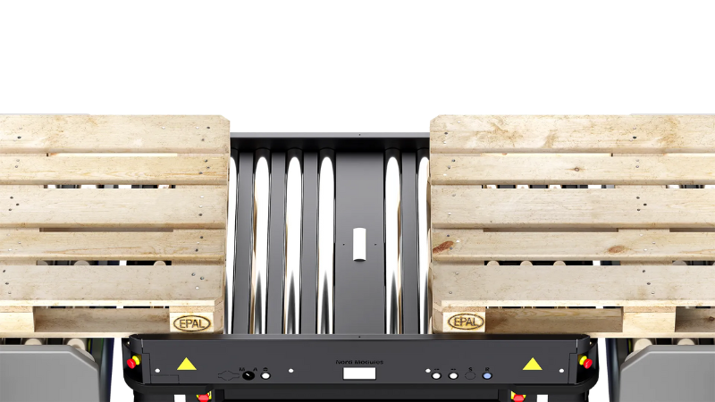 The Nord Pallet Mover features two-way docking, enabling pallets to be picked up on either side of the AMR