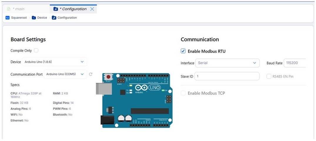  Figure 3. Configuring the Arduino Uno board and Modbus RTU communication.