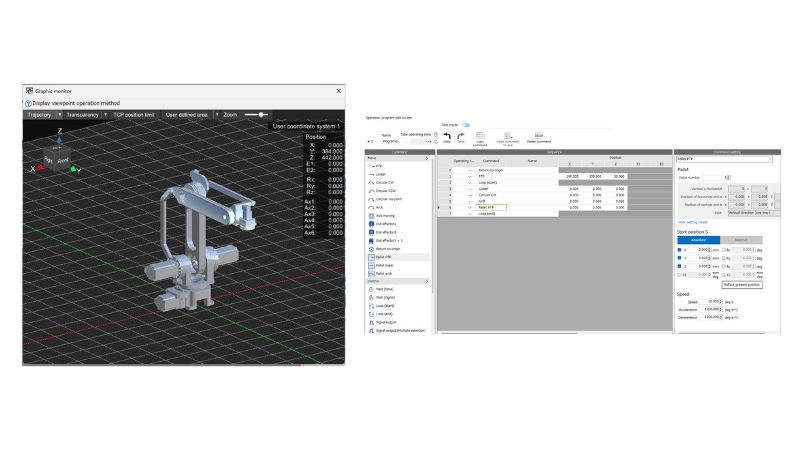 Oriental Motor’s MRC Studio features a live motion simulator (left) and a drag-and-drop GUI programming interface (right)