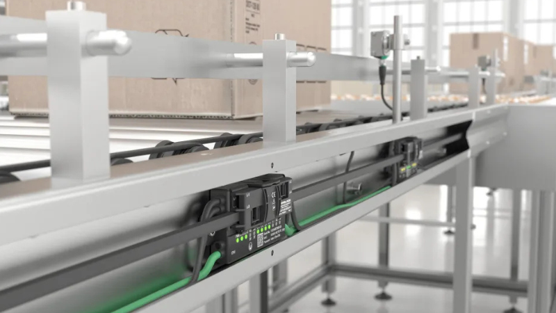 The G20 Ethernet controller mounted inside the conveyor rail