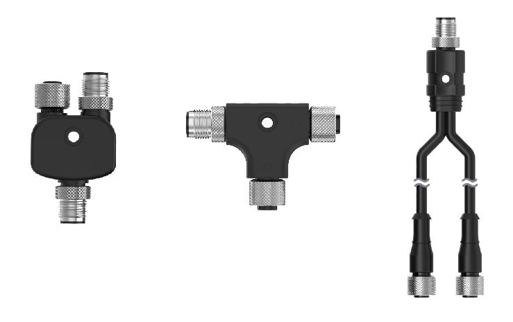  Figure 4. Many options exist for splitting M12 cables: (L-R) Y-splitter, T-splitter, and pigtail splitter.