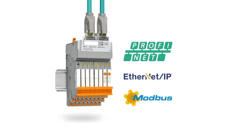 The PLC-Interface Ethernet Gateway supports EtherNet/IP, PROFINETClass C, and Modbus/TCP