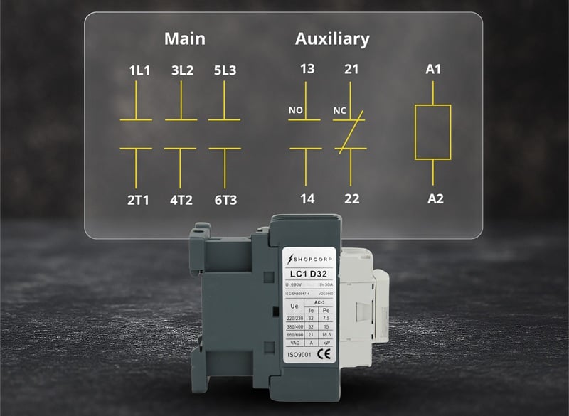 Figure 1. Wiring diagram of a three‑pole contactor used as part of a reversing starter, showing the main poles, integrated NO and NC auxiliary contacts, and the A1/A2 coil terminals.