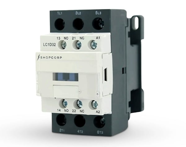 Figure 2. Example of a three-pole contactor with integrated auxiliary contacts. A complete reversing starter requires two compatible contactors together with mechanical and electrical interlocking.